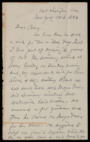 Henry L. Abbot to Thomas Lincoln Casey, October 6, 1894