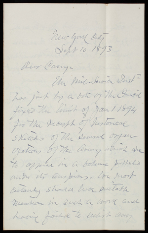 Henry L. Abbot to Thomas Lincoln Casey, September 10, 1893