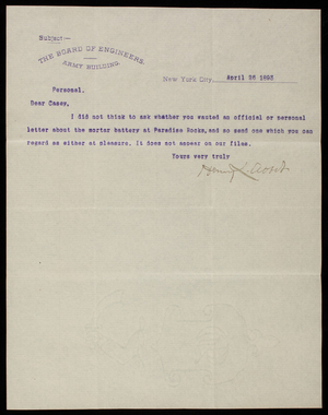 Henry L. Abbot to Thomas Lincoln Casey, April 26, 1893