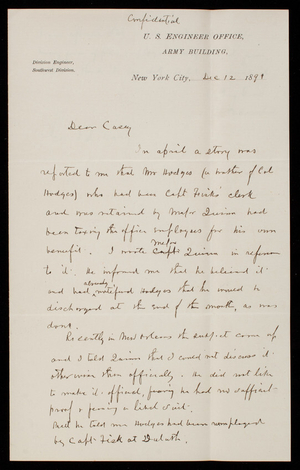 [Cyrus] B. Comstock to Thomas Lincoln Casey, December 12, 1891