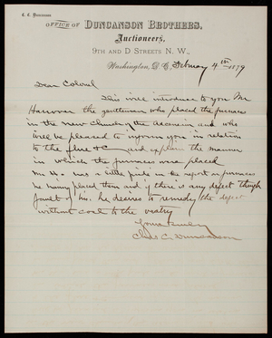 [Charles] C. Duncanson to Thomas Lincoln Casey, February 4, 1879