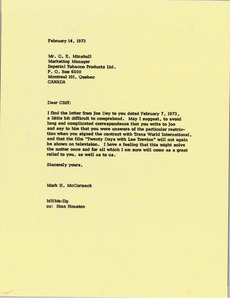 Letter from Mark H. McCormack to Cliff Minshull