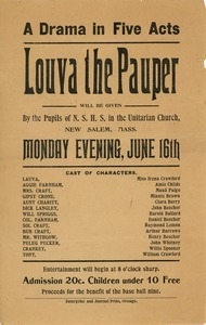 Flier for 'Louva the Pauper', a play done by the students of New Salem High School