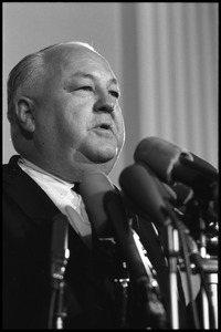 Congressman Joe R. Pool at a press conference, associated with the House Un-American Activities Committee hearings on New Left activists and the antiwar movement