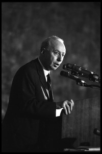 Hans J .Morgenthau, speaking at the National Teach-in on the Vietnam War: half-length portrait at the podium