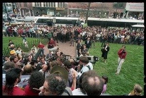 News media and supporters meet the CIA demonstrations trial defendants as they leave the Hampshire County Courthouse