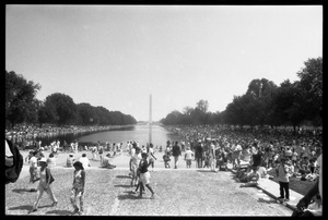 View of the crowd along the Reflecting Pond, with the Washington Monument in the distance, 25th Anniversary of the March on Washington