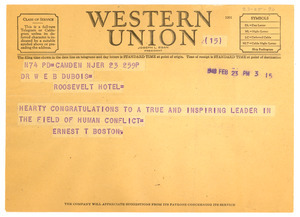 Telegram from Ernest T. Boston to W. E. B. Du Bois
