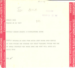 Telegram from Alice Ovid to Shirley Graham Du Bois