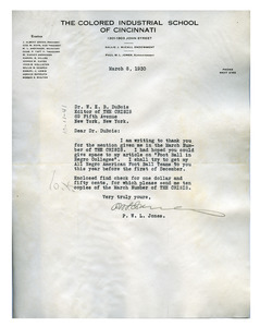Letter from P. W. L. Jones to W. E. B. Du Bois