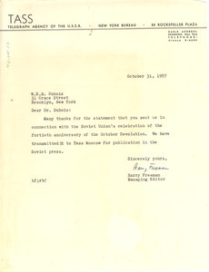 Letter from Tass Agency to W. E. B. Du Bois