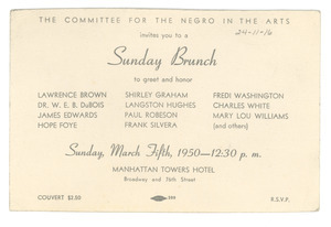 Committee for the Negro in the Arts brunch invitation