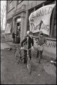 Women's occupation of the Architectural Technology Workshop, Harvard University: women and bicycles outside ATW