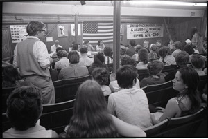 Student Mobilization Committee to End the War in Vietnam meeting against SDS violence: view over audience of speakers