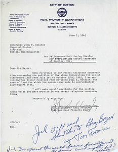 Commissioner of the Real Property Department James J. Sullivan letter to Mayor John Collins with attached letter