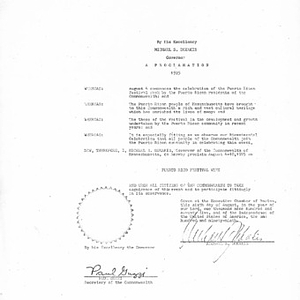 Copy of proclamation by Governor Michael S. Dukakis declaring August 4-10, 1975 as Puerto Rico Festival Week