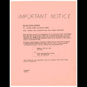 Memorandum from Freedom House to Pickering Avenue property owners concerning meeting to be held July 16, 1963