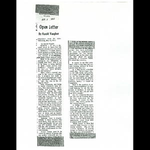 Photocopy of Bay State Banner article reprinted from Afro-American, Open letter