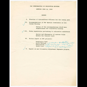 Agenda for Citizens Advisory Committee (CAC) Subcommittee on Relocation Housing meeting on June 14, 1965