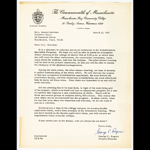 Letter from George C. Rogers to Mrs. Snowden about her role as instructor in Rehabilitation Specialist Program, details about orientation dinner on March 26, 1968 and planning for the program