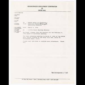 Memorandum from Reginald Nunnally to Neighborhood Development Corporation of Grove Hall (NDCGH) Board of Directors about meeting minutes from February 8, 1994