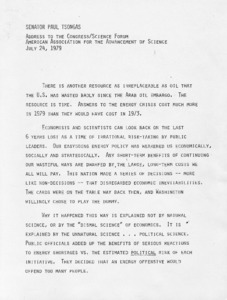 Senator Paul Tsongas' Address to the Congress/Science Forum, American Association for the Advancement of Science