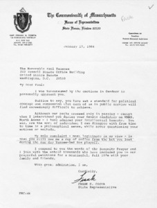 Letter from Frank N. Costa to Paul Tsongas