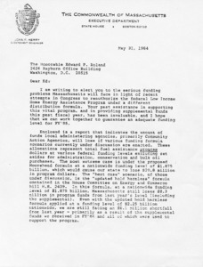 Letter to Edward P. Boland from John Kerry alerting Mr. Boland of the serious funding problems Massachusetts will face in light of recent attempt to reauthorize the federal Low Income Home Energy Assistance Program