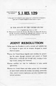 S.J. Res. 129: Resolution seeking a ban on weapons in space