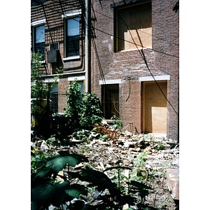 The rubble-strewn backyard of 326 Shawmut Avenue while the building was undergoing renovation.