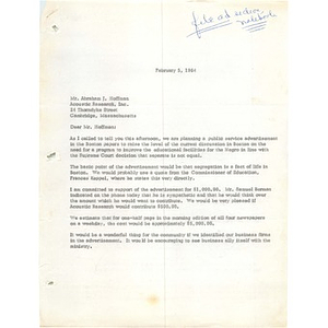 Letter, Abraham J. Hoffman, February 5, 1964.