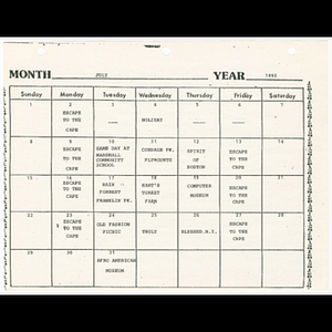 Calendar for Goldenaires events, July 1990
