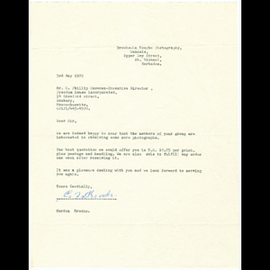 Letter from Gordon Brooks of Brooks-La Touche Photography to Otto Phillip Snowden about Roxbury Goldenaires photos