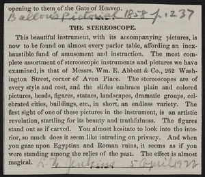 Advertisement for stereoscopes, Wm. E. Abbott & Co., 262 Washington Street, corner of Avon Place, Boston, Mass., 1858