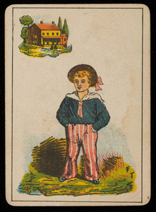 Picture card, cabin boy, house in the background, location unknown, undated