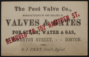 Trade card for The Peet Valve Co., valves & gates, 49 Kingston Street, Boston, Mass., undated