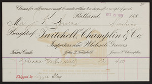 Billhead for Twitchell, Champlin & Co., importers & wholesale grocers, Portland, Maine, dated October 25, 1889