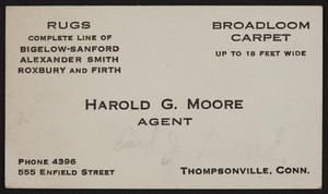 Business card for Harold G. Moore, agent for rugs and carpets, Thompsonville, Connecticut, undated