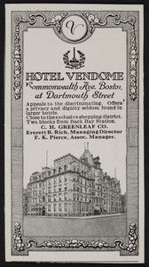 Advertisement for the Hotel Vendome, Commonwealth Avenue at Dartmouth Street, Boston, Mass., July 1922