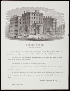 Handbill for the Revere House, hotel, Bowdoin Square, Boston, Mass., June, 1869