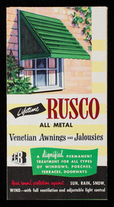 Rusco all metal venetian awnings and jamlousies, manufactured by The F.C. Russell Co., Awning Division, Cleveland, Ohio