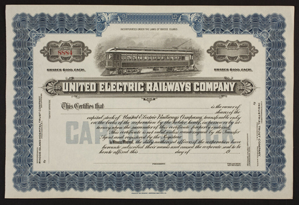 Stock certificate for the United Electric Railways Company, Rhode Island Hospital Trust Company, Providence, Rhode Island, 190?