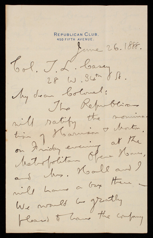 Henry Hall to Thomas Lincoln Casey, June 26, 1888