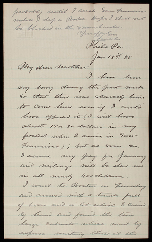 Thomas Lincoln Casey, Jr. to Emma Weir Casey, January 18, 1885