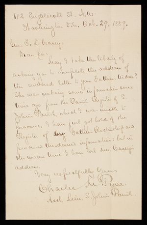 Charles S. Pyne to Thomas Lincoln Casey, October 29, 1889