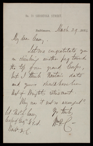 [William] P. Craighill to Thomas Lincoln Casey, March 29, 1884