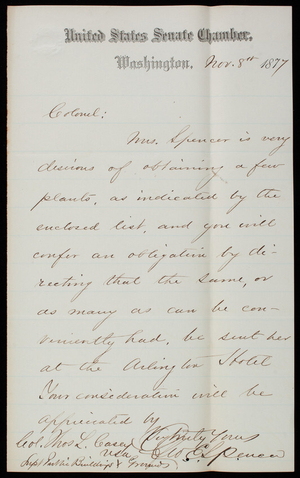 Senator [George E.] Spencer to Thomas Lincoln Casey, November 8, 1877