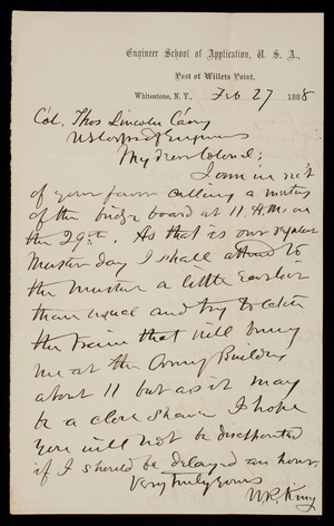 [William] R. King to Thomas Lincoln Casey, February 27, 1888