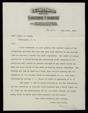 B. G. Underwood to Thomas Lincoln Casey, June 20, 1891