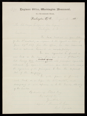 Bernard R. Green to Thomas Lincoln Casey, August 16, 1887, copy